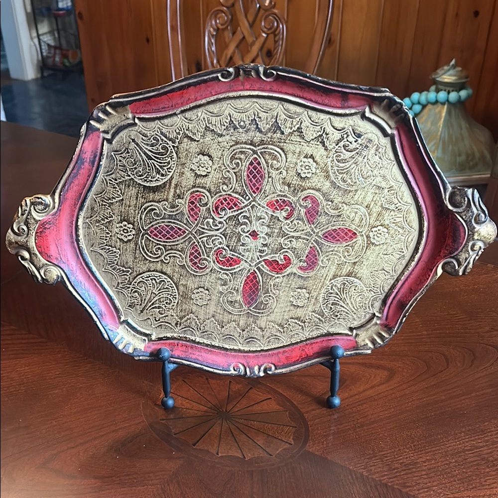 Elegant Gold and Red Decorative Tray